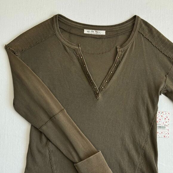 FREE PEOPLE We The Free Cotton Henley Top Women's Size S Military Khaki Green - Picture 4 of 14